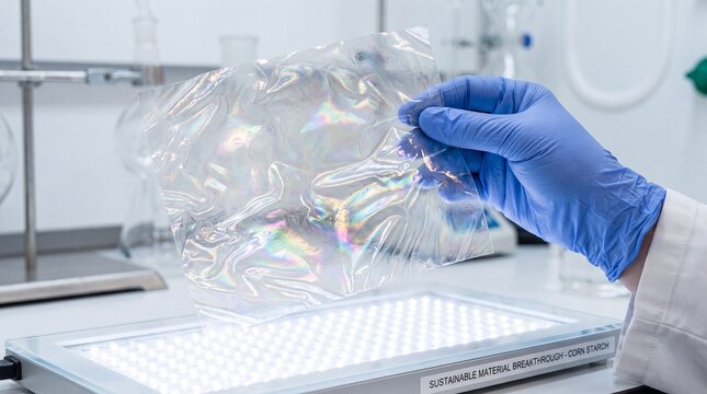 Scientist hand holding biodegradable corn starch film over light panel in laboratory