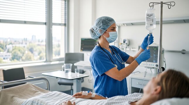 Professional Nurse Adjusting IV Drip in Modern Hospital Room
