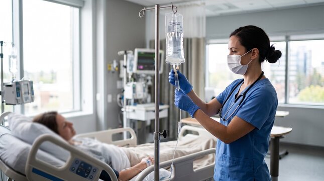 Professional Nurse Adjusting IV Drip in Modern Hospital Room