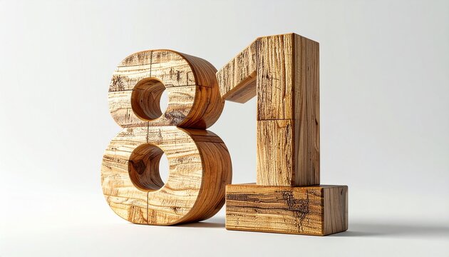 Number 81 crafted from stacked wooden blocks with natural grain texture and minimalist design on white background