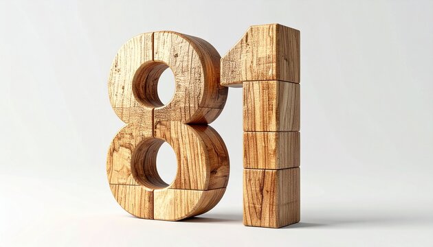 Wooden number 81 built from stacked blocks with contemporary geometric styling on a clean isolated background
