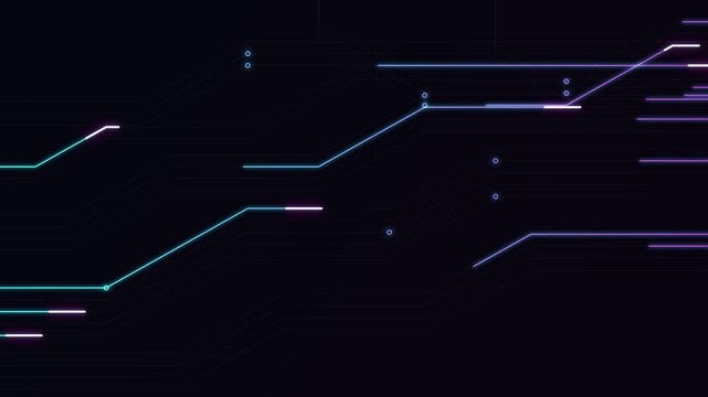 neon circuit board lines. Abstract blue and purple neon circuit board traces on black