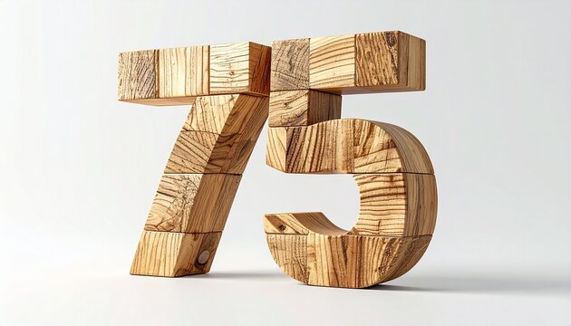 Three dimensional number seventy five constructed from stacked wooden blocks with natural grain texture, minimalist design on a white background