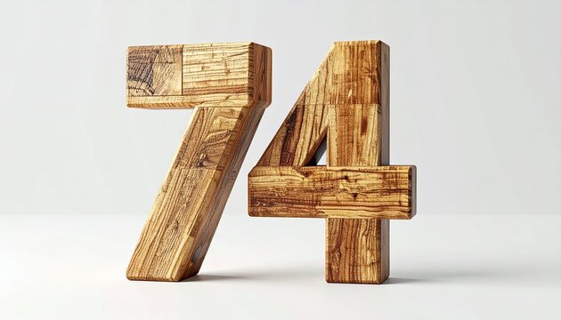 The number seventy-four, crafted from textured wooden blocks, stands upright on a clean white background, showcasing natural wood grain.