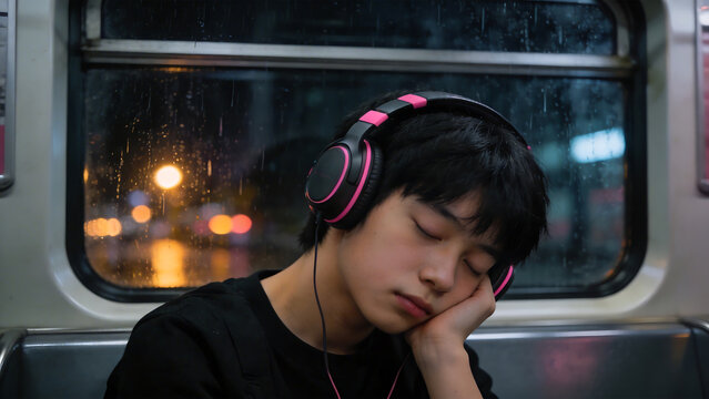 Person sleeping on a train with headphones