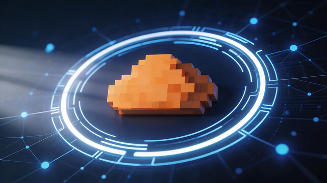 Pixelated cloud icon on futuristic interface