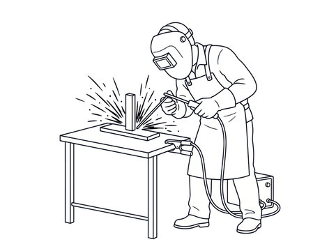 Welder in protective gear sparks metalwork on table with welding machine