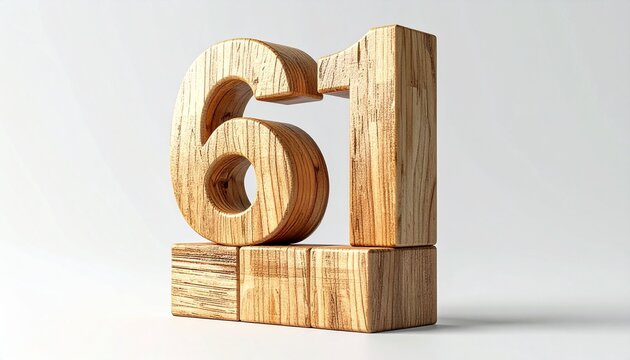 A close-up, 3D rendering of the number 61 crafted from natural wood, standing on wooden blocks against a plain white background.