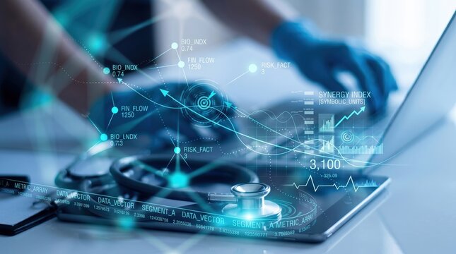 Close up of stethoscope on tablet screen with futuristic medical data analysis interface, bio index graphs, synergy metrics, digital health technology background
