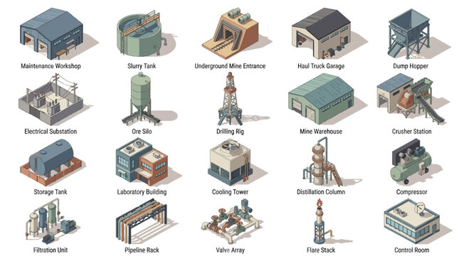 Comprehensive collection of mining and industrial facility structures including warehouses pipes and control rooms