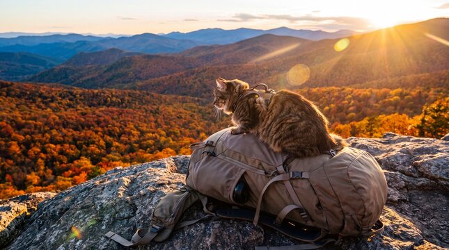Adventure cat perched on hiking backpack overlooking autumn mountain sunset