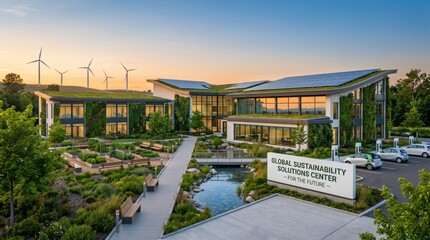 Fototapeta premium Aerial view of Global Sustainability Solutions Center with green roofs and solar panels, wind turbines in background, eco-friendly architecture landscape