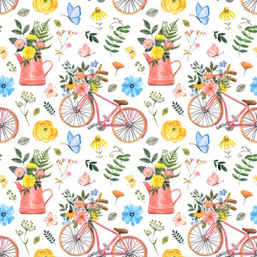 Watercolor Spring Seamless Pattern with Pink Bicycle Watering Can and Wildflowers
