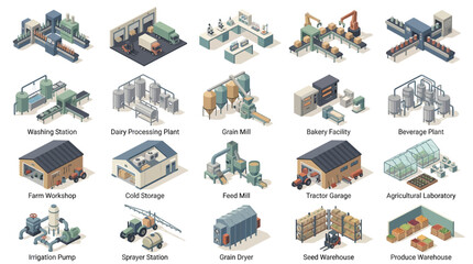 Fototapeta premium Comprehensive Illustration of Agricultural and Food Industry Facilities from Processing to Storage with Diverse Machinery and