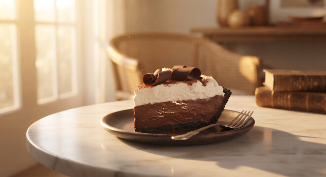 A lifestyle food photograph of a Mud Pie slice set on a marble table in a light-filled lounge during the golden hour. 