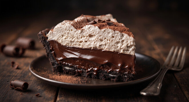 A hyper-realistic macro food photograph focusing on the cross-section of a Mississippi Mud Pie slice. The focus is sharp on the distinct, architectural strata