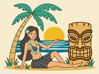 Tropical Hawaiian Hula Girl and Tiki Mask Vector Illustration with Sunset Beach © Quneza