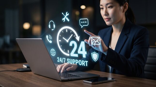 Professional businesswoman interacting with holographic icons representing twenty four seven customer support service, online help desk assistance and technical maintenance via ...