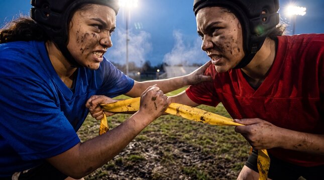 Intense female flag football players battle for flag possession on muddy night field