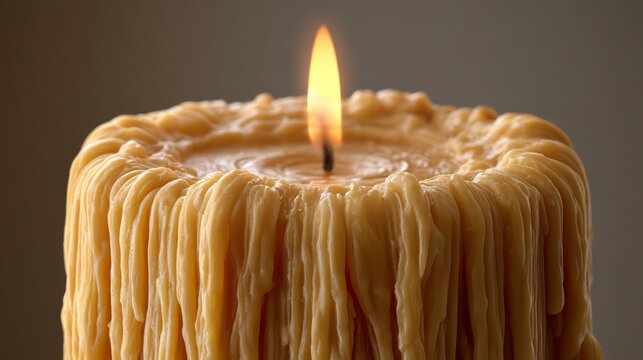 Close-Up of Melting Candle Wax with Flickering Flame and Soft Background, Creating a Cozy and Warm Ambiance for Home Decor and Relaxation