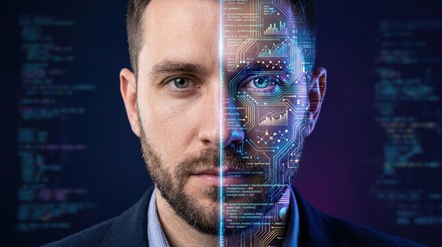 Close-up portrait of man face split in half showing human skin and digital circuit board pattern, artificial intelligence concept, future technology integration, cybernetic tran...