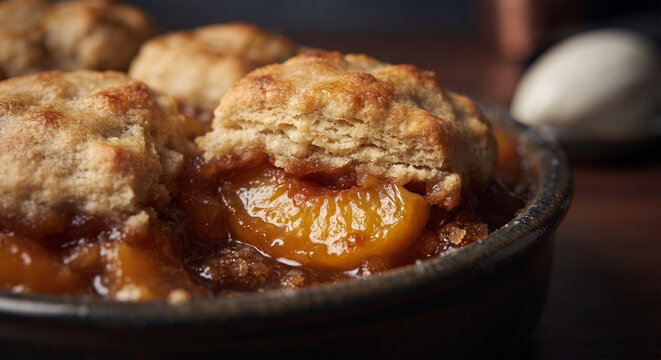 A side-view macro shot focusing on the transition between the biscuit crust and the fruit. The image highlights the texture: the contrast between the firm, buttery, crunch of the biscuit and the soft,
