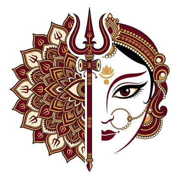 Minimalist vector illustration for a festive Durga Puja poster with a central trident divider and lotus-eye motif on pure white background