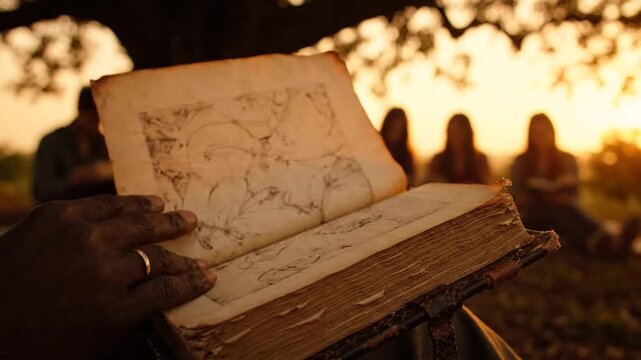 Diverse group reads old book under ancient tree at sunset