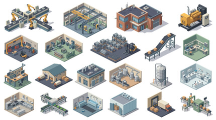 Fototapeta premium Comprehensive collection of isometric industrial and commercial building illustrations depicting various facilities and design
