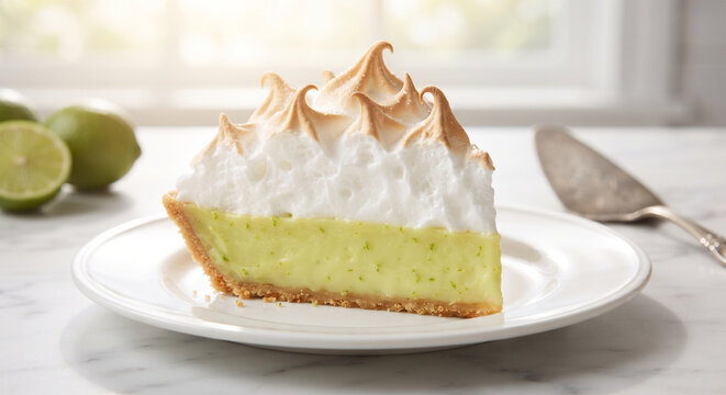 A professional close-up shot of a Key Lime Pie topped with a dramatic, peaked meringue. The focus is on the contrast: the soft, toasted brown tips of the meringue peaks versus the cool, vibrant, lime
