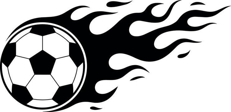 Flying soccer ball with black fire flames vector illustration isolated on white background for sports logo design