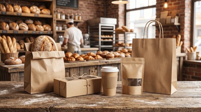 Selection of bakery bread and takeout coffee in paper bags with packaging