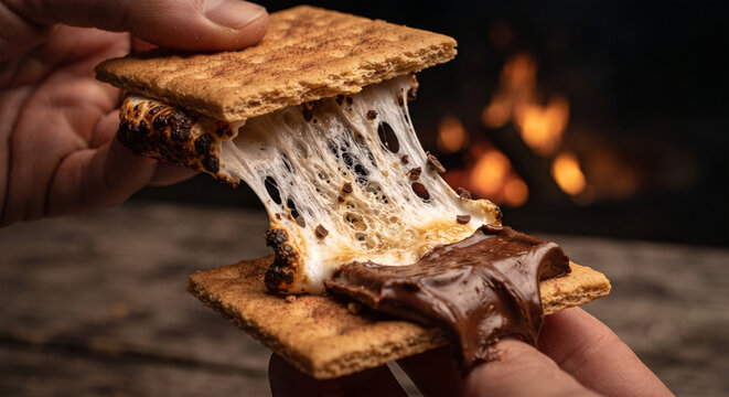 A hyper-realistic macro food photograph of a s'more being pulled apart, revealing the "long pull" of the melted marshmallow. 