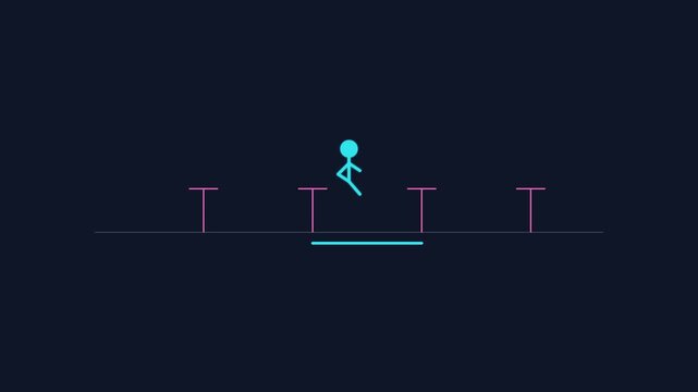 Minimalist stick figure character jumping over hurdles animation for progress and success concept 4k