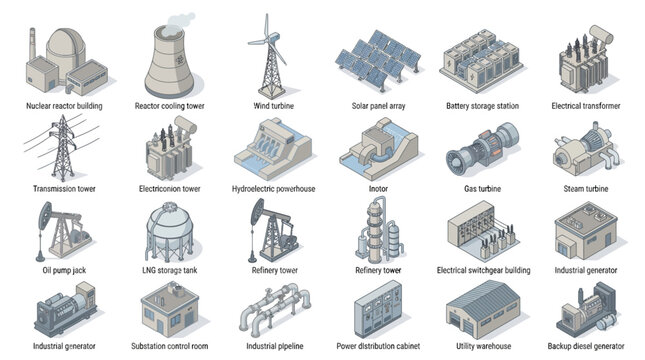 Comprehensive array of energy infrastructure and renewable power generation facilities including nuclear reactors wind turbines