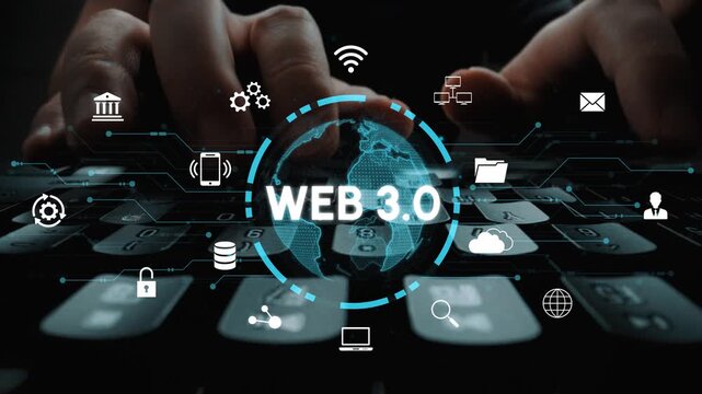 Hands Typing on Keyboard with Web 3.0 Graphics and Technology Icons Representing Digital Transformation and Modern Internet Concepts. Entropy.
