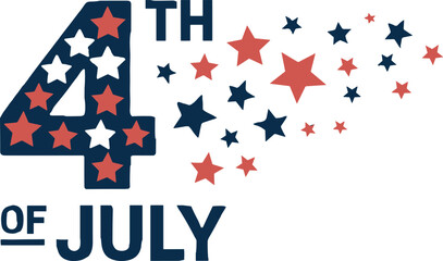 Fototapeta premium Fourth of July patriotic typography vector design featuring a star filled number four with flying stars