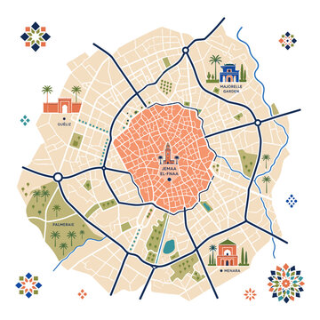 Stylized Marrakech City Map With Roads Landmarks Districts And Gardens