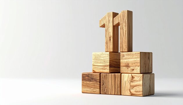 Number eleven constructed from realistic textured wooden blocks arranged in a minimalist modern structural stack against a clean white background