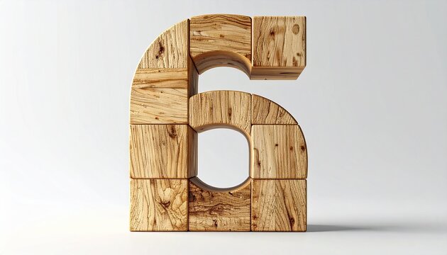 3D Number Five Built from Stacked Wooden Blocks with Natural Wood Grain Texture on White Background, Minimalist Concept