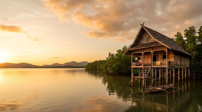 Traditional wooden stilt house on calm water at golden sunset