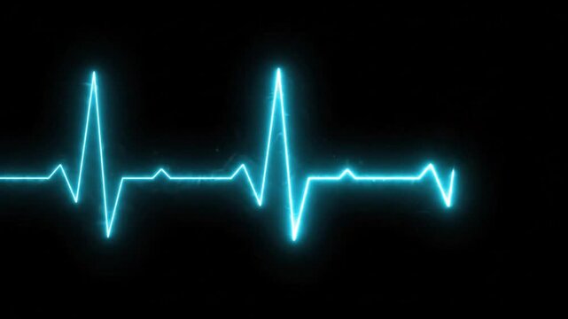 Neon blue electrocardiogram pulse line on black background, heartbeat monitor