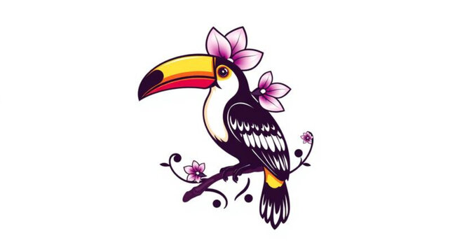 Exotic Tropical Bird of Paradise with Colorful Feathers and Abstract Floral Background, Wildlife Toucan Inspired Nature Illustration in Jungle Rainforest Style