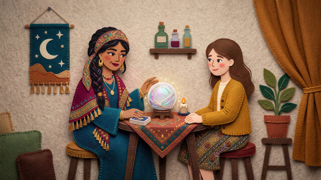 A tactile felt illustration of a fortune teller and customer seated at a table with a glowing crystal ball and tarot cards, surrounded by mystical decor.