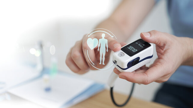 Person using pulse oximeter for blood oxygen level monitoring at home.