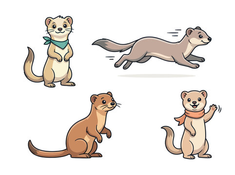 Cute weasels in cartoon style with accessories for children's book illustration