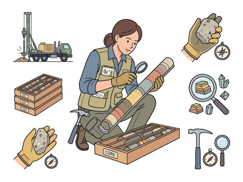 Geologist examining colorful core samples with magnifying glass and drilling rig