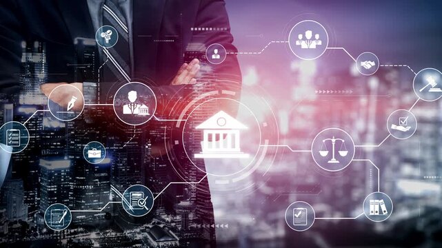Futuristic digital law interface displaying justice scale, highlighting digital law, AI compliance, digital law systems, and digital law regulations for secure governance. Muxer