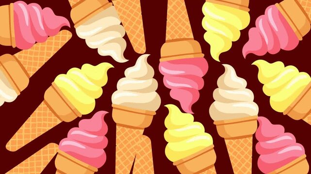 Colorful pink, yellow, and vanilla soft serve ice cream cones arranged in a playful repeating pattern on a dark background, creating a sweet summer texture for dessert and food content.