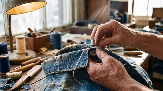 Older craftsperson hand-sewing a button onto a worn denim collar in a rustic artisanal workshop